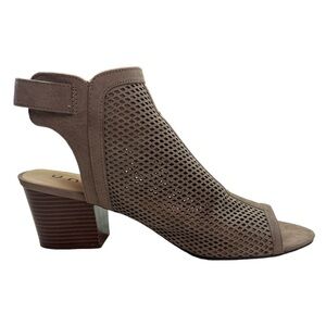 Unisa Unipola Open Toe Laser Cut Suede Block Heel Adjustable Strap Taupe Bootie